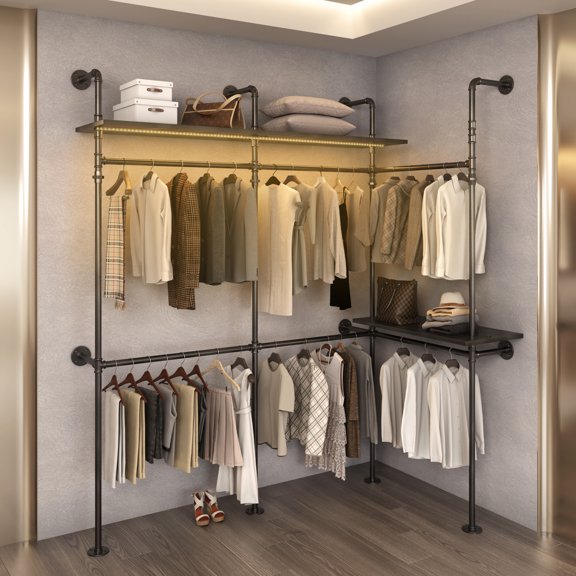 Industrial Pipe Clothing Rack with LED Lights, Large Walk In Closet Organizer, Heavy Duty Garment Rack with Shelves and Hanging Rods, Open Wardrobe Storage System for Bedroom, Dressing Room