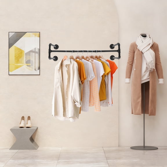 Industrial Pipe Clothing Rack Metal Closet Organizer Wall Mounted Garment Rod US
