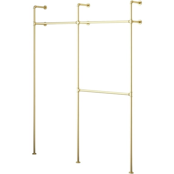 Industrial Pipe Clothing Rack,Moden Commercial Grade Pipe Clothes Racks,Wall Mounted Closet Storage Rack,Hanging Clothes Retail Display Rack,Heavy Duty Steampunk Garment Racks,Gold(With crossbar)