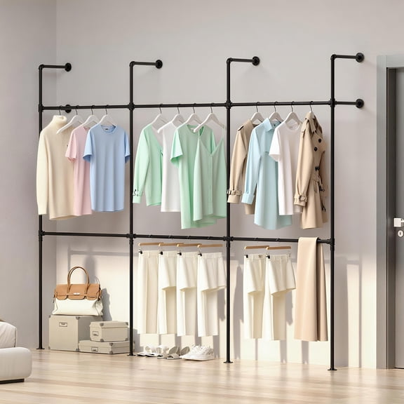 Industrial Pipe Clothing Rack, Reversible 84'' Clothes Hanger, Heavy Duty Garment Rack, Wall Mounted Closet Wardrobe, Walk-in Closet System