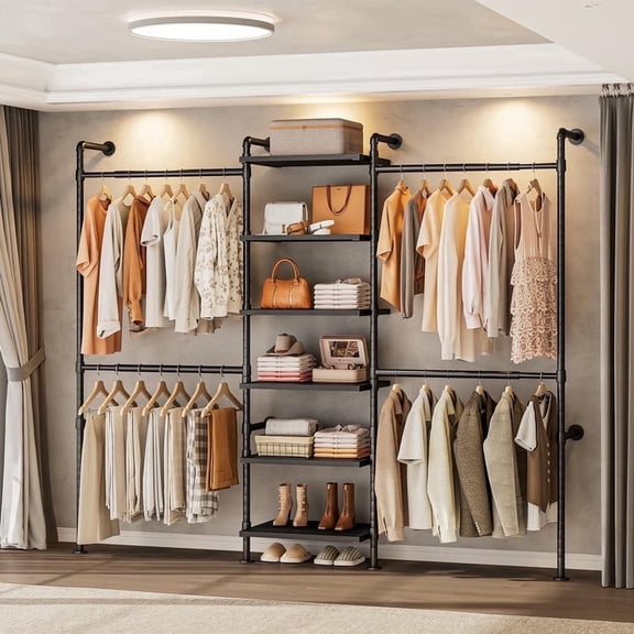 Industrial Pipe Clothing Rack, T1 Wall Mounted Closet System w/6 Wooden Shelves, 4 Telescopic Rods,