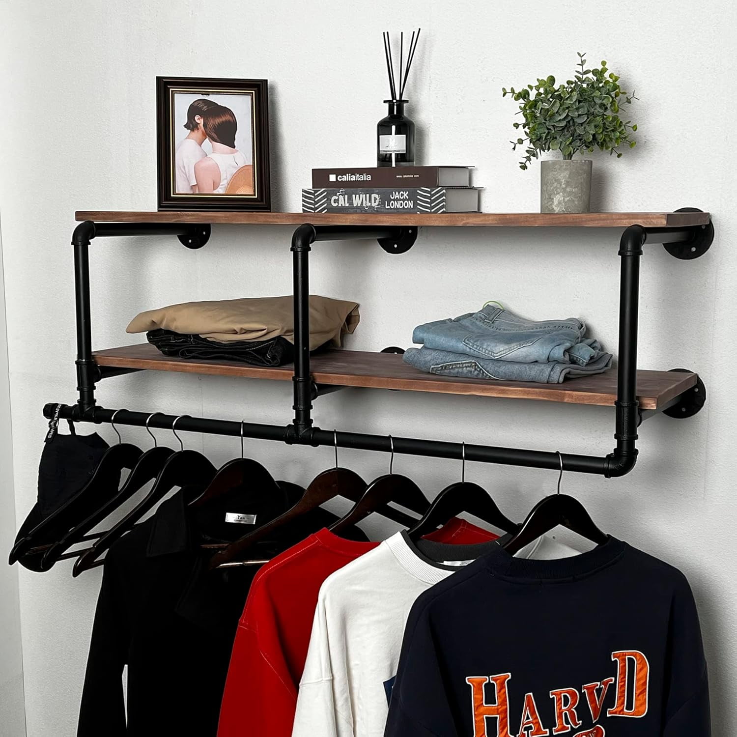 Industrial Pipe Clothing Rack with Top Shelf, 2 Tier Space-Saving Wall ...