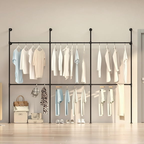 Industrial Pipe Clothing Rack Wall Mount, Closet Storage System for Walk In Closet, Garment Rack, Closet Wardrobe Rack for Hanging Clothes