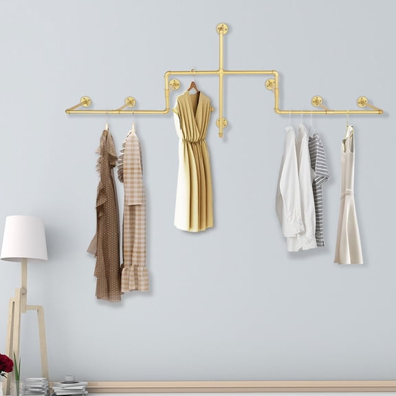 Industrial Pipe Clothing Rack Wall Mounted Garment Hanging Bar Commercial Gold