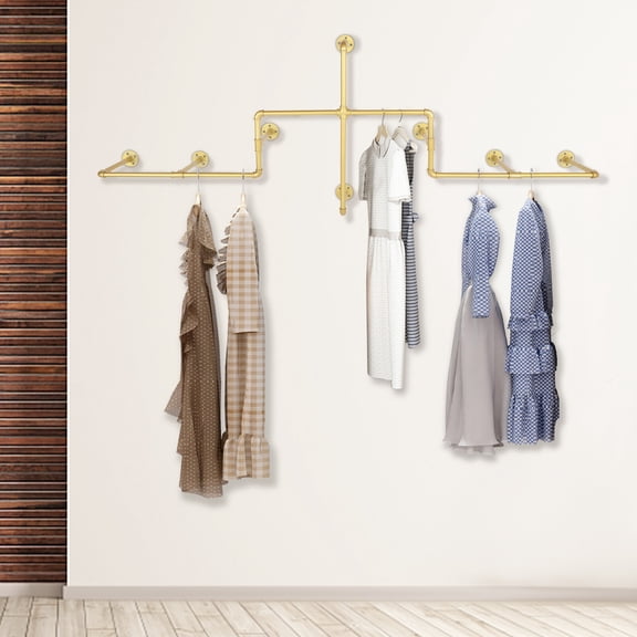 Industrial Pipe Clothing Rack, Wall Mounted Garment Hanging Bar, Iron Commercial Clothes Hanger, Cloth Display Rack for Retail, Gold
