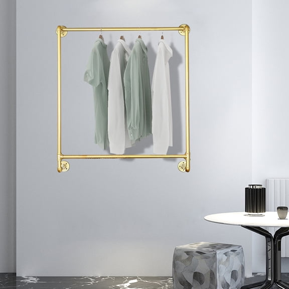 Industrial Pipe Clothing Rack Wall Mounted, Modern Metal Clothing Store Display Stands, Wall Mounted Garment Rack, Double Pole Hanging Storage Clothes, Home Bookcase Towel Bars (Gold,41.33L)