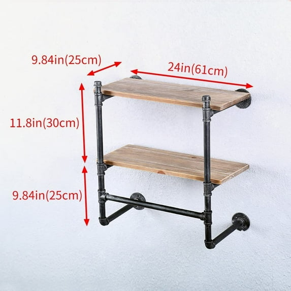Industrial Pipe Clothing Rack Wall Mounted with Real Wood Shelf,Pipe Shelving Floating Shelves Wall Shelf,Rustic Retail Garment Rack Display Rack Cloths Rack,24in Steam Punk Commercial Clothes Racks