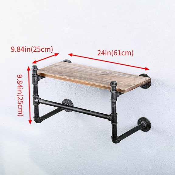 Industrial Pipe Clothing Rack Wall Mounted with Real Wood Shelf, Pipe Shelving Floating Shelves Wall Shelf, 24in Retail Clothes Racks Display Rack