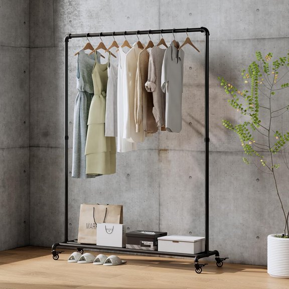 Industrial Pipe Clothing Rack with Wheels, Heavy Duty Rolling Garment Rack with Bottom Shelf, Sturdy Metal Clothes Rack for Hanging Clothes, Black Mobile Wardrobe Rack for Bedroom & Boutique