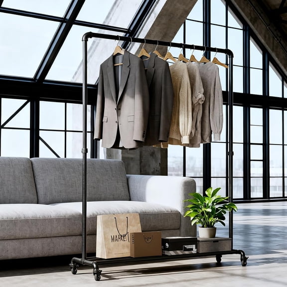 Industrial Pipe Clothing Rack with Wheels Heavy Duty Rolling Garment Rack Metal Clothes Rack with Bottom Storage Shelf Mobile Clothing Rack for Hanging Clothes for Bedroom Laundry Room Boutique