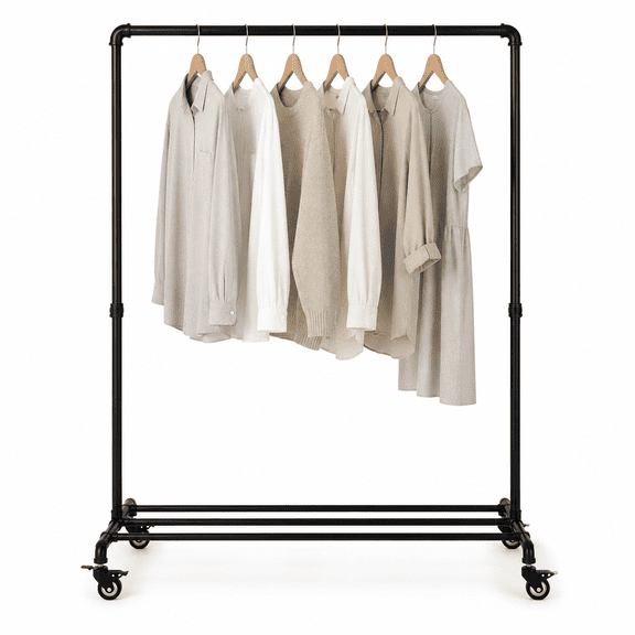 Industrial Pipe Clothing Rack with Wheels,Rolling Garment Rack with Bottom Shelf, Sturdy Metal Clothes Rack for Hanging Clothes Heavy Duty,Black Mobile Wardrobe Rack for Bedroom & Boutique