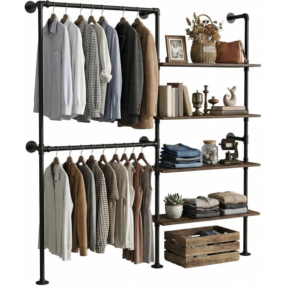 Industrial Pipe Clothing Rack With Double Hanging Rods Wall Mounted Wooden Storage Shelf For Walk In Closet Laundry Room