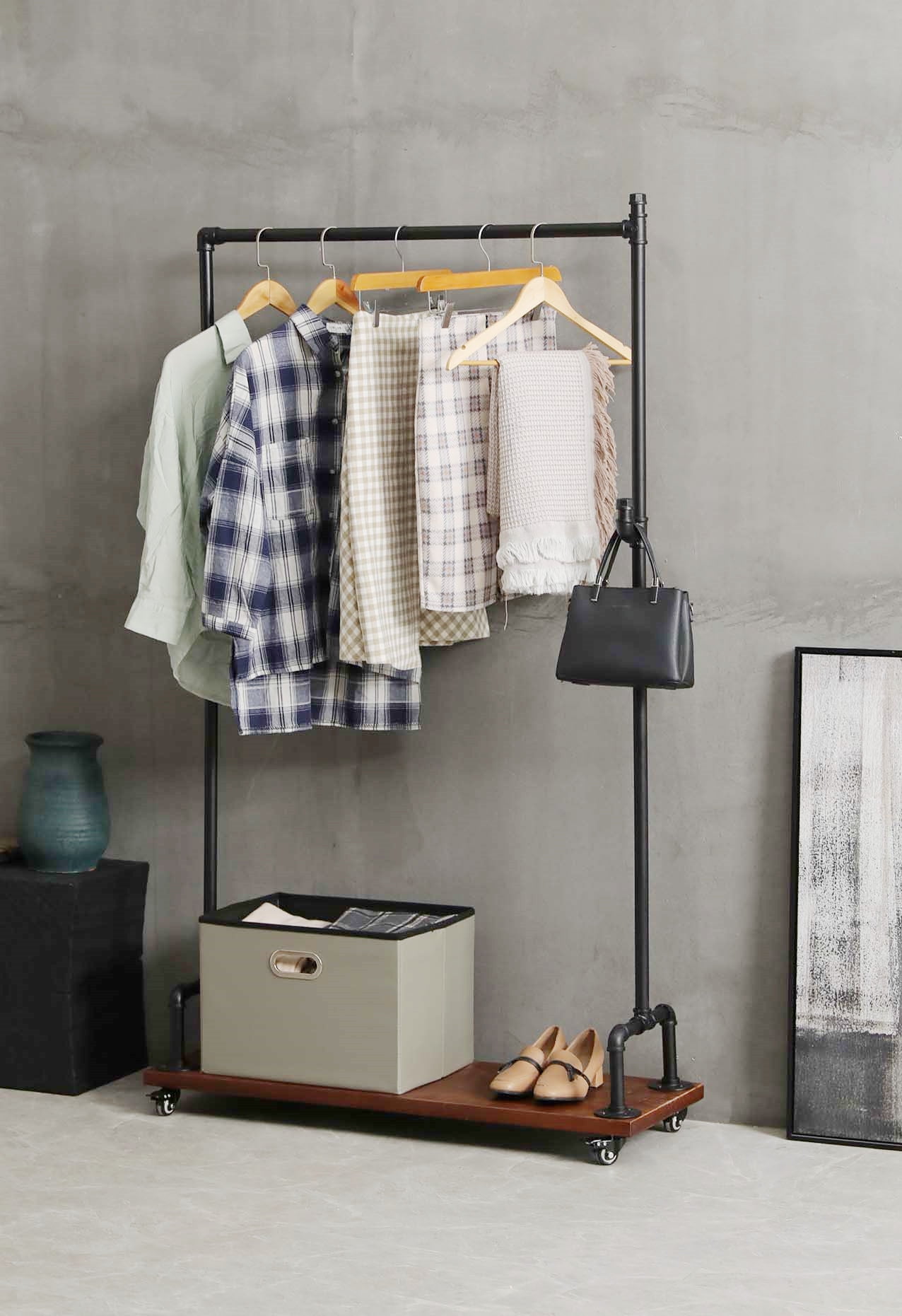 Industrial Pipe Clothing Rack on Wheels, Rolling Iron Garment Racks