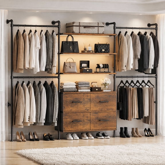 ROGALIS Industrial Pipe Clothing Rack w/LED Light, T3 Closet System w/ 4 Drawers, 6 Wooden Shelves, 4 Telescopic Rods, Heavy Duty Closet Organizers, Brown