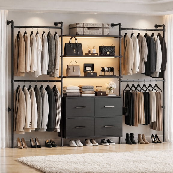 ROGALIS Industrial Pipe Clothing Rack w/LED Light, T3 Closet System w/ 4 Drawers, 6 Wooden Shelves, 4 Telescopic Rods, Heavy Duty Closet Organizers, Black
