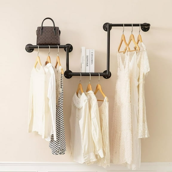 Industrial Pipe Clothing Rack with 2 Floating Shelves and 3 Hanging Rods