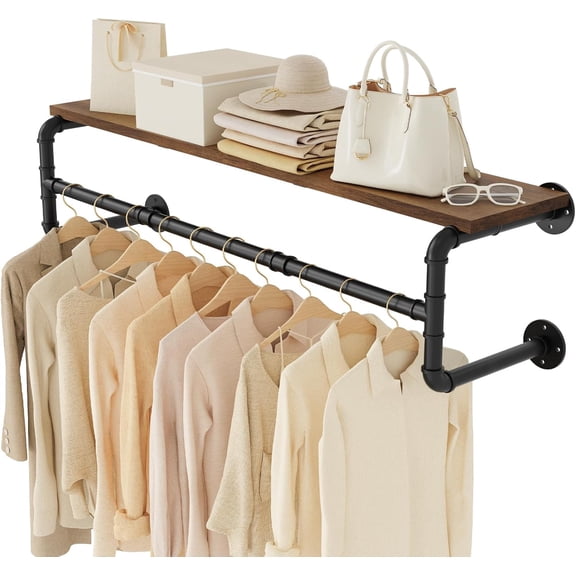 Industrial Pipe Clothing Rack with Shelves, Wall Mounted, Space Saving Closet Rod with 4 Bases, for Shops, Homes, Rustic Brown, 1-Pack