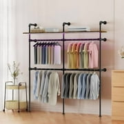 Industrial Pipe Clothing Racks,Industrial Clothing Rack Wall Mounted,Heavy Duty Garment Rack Closet Wardrobe Rack with LED Lights& Shelves,Closet Clothes Rack,Walk-in Pipe Closet System