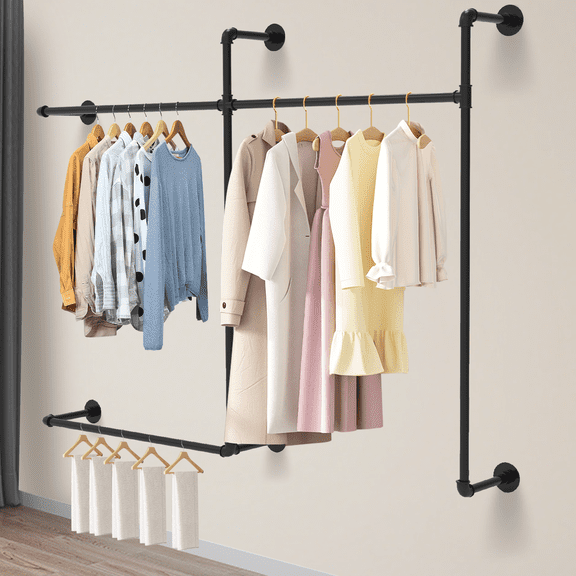 Industrial Pipe Clothing Racks, Rustic Black Industrial Pipe Clothes Rack Design Wall Mounted, Heavy Duty Iron Pipe Garment Rods with Three Hanging Rods, Clothing Rack