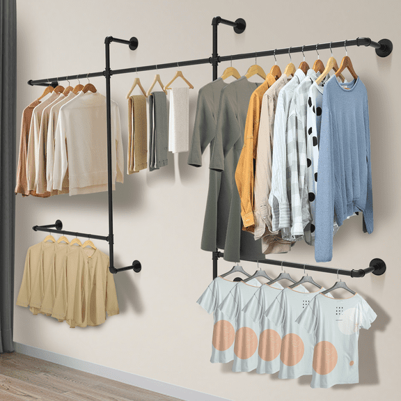 Industrial Pipe Clothing Racks Wall Mounted, Pipe Clothes Rack with 5 Hanging Rods, Heavy Duty Garment Rack for Bedroom, Laundry Room, Closet Systems for Walk in Closets