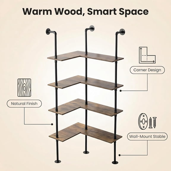 Industrial Pipe Corner Bookshelf with Storage, Wall Wooden Bookcase Open Shelves L Shaped Pantry Shelving for Living Room Bedroom Home Office 4 Tiers