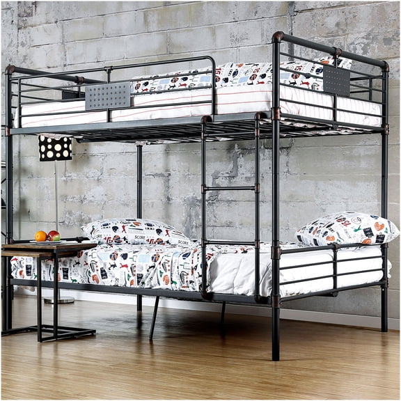 Industrial Pipe Frame Bunk Bed with Attached Ladder and Guard Rails, Full Size Metal Loft Bed for Space Saving
