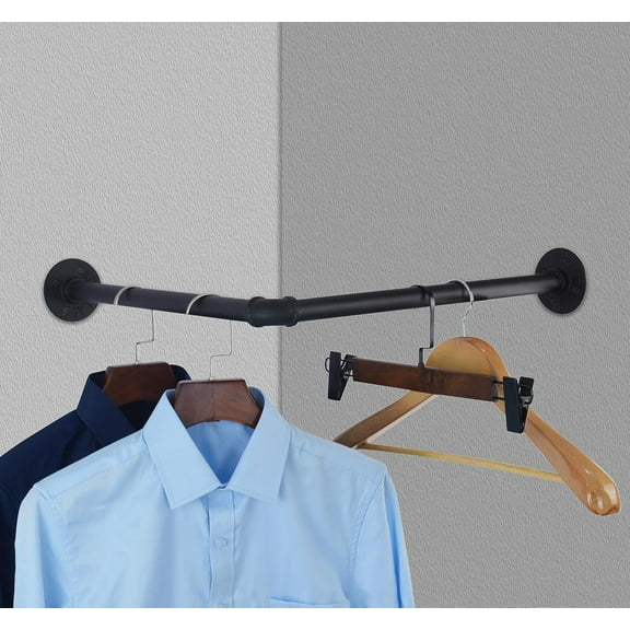 Industrial Pipe Garment Rack Iron Wall Mounted Right Angle Corner Clothing Rack with Screws DIY Home Storage Display (Black) 18.1"