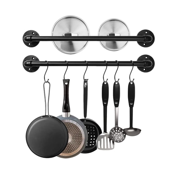 Industrial Pipe Pot Pan Rack 21" (2 Pack), Wall mount Pot hangers Pan Hanging Rail Lid Hanger for kitchen with 10 S Hooks