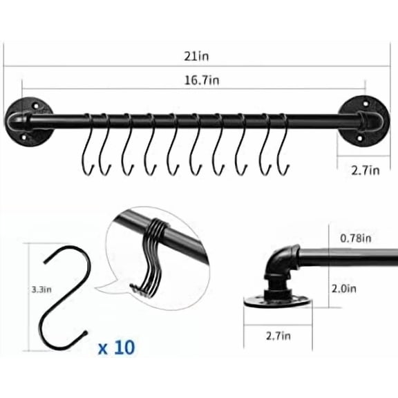 Industrial Pipe Pot Pan Rack 21" (2 Pack), Wall mount Pot hangers Pan Hanging Rail Lid Hanger for kitchen with 10 S Hooks
