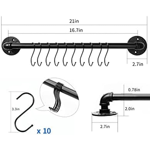 Industrial Pipe Pot Pan Rack 21" (2 Pack), Wall mount Pot hangers Pan Hanging Rail Lid Hanger for kitchen with 10 S Hooks