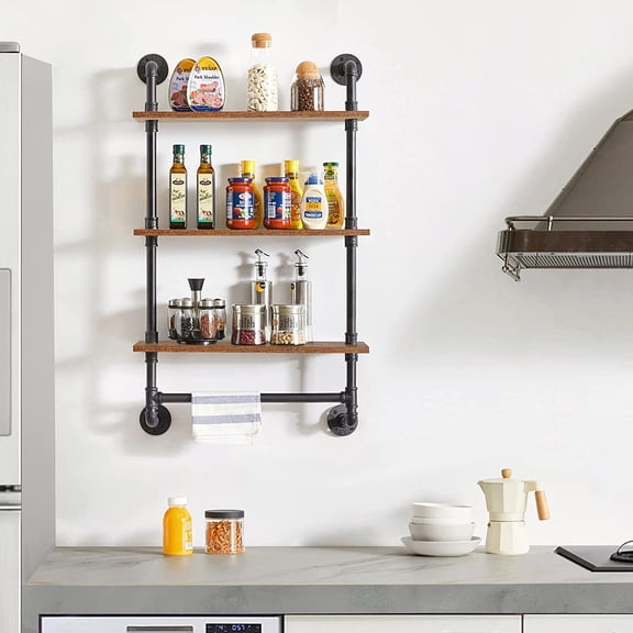Industrial Pipe Shelf,40.5 inches Wall Mount Bookcase,3-Tier Wall Shelf with Towel Bar,Rustic Iron Pipe Floating Shelvesfor Bedroom,Kitchen,Living Room,Bathroom URF-TM015