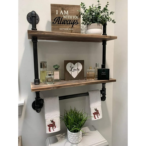 Industrial Pipe Shelf Bathroom Shelves Wall Mounted,19.6in Rustic Wood Shelf with Towel Bar,1 Tier Farmhouse Towel Rack Over Toilet,Pipe Shelving Floating Shelves Towel Holder,Retro Grey