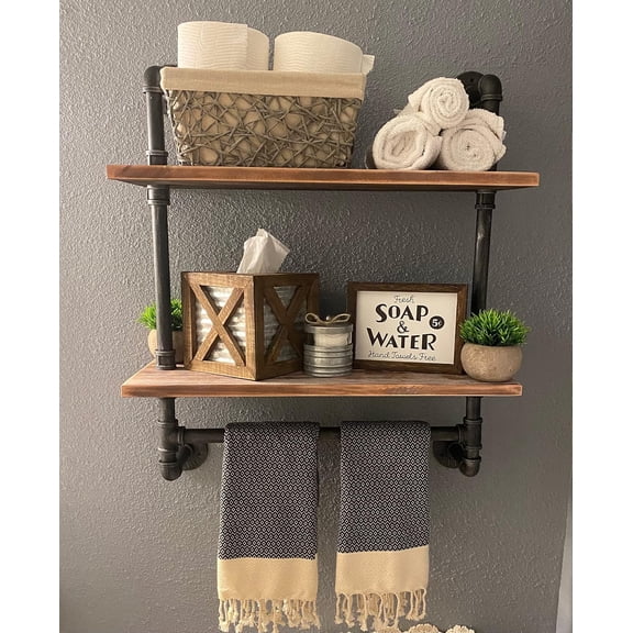 Industrial Pipe Shelf Bathroom Shelves Wall Mounted, 2 Tier 19.6in Rustic Floating Shroom Decor Wall Shelfelves with Towel Bar, Farmhouse Rustic Bath