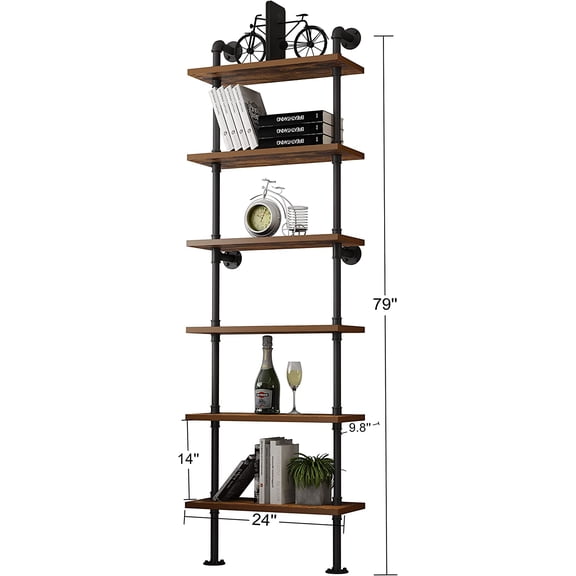 Industrial Pipe Shelf Rustic Wood Wall Shelf Ladder Bookshelf Wall Mounted Storage Decor Shelf for Home, Office, Living Room(6-Tier)-Black