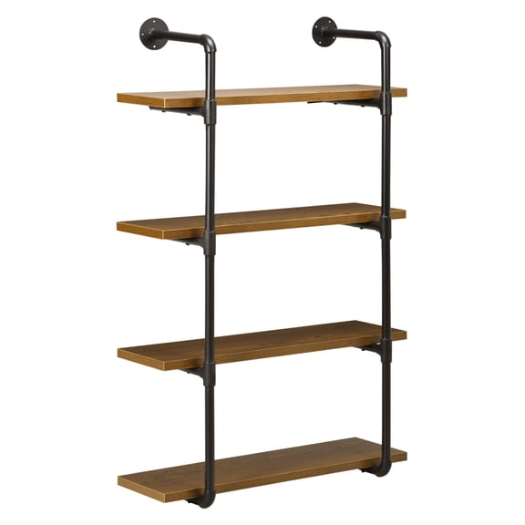 Industrial Pipe Shelves 4 Tier, Wall Mounted Bookshelf, Metal Frame Display Rack, Rustic Brown, 1" Thick Shelving Unit for Farmhouse Kitchen