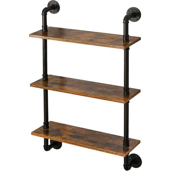 Industrial Pipe Shelves, Pipe Floating Shelves, Rustic Wall Mount Bookcase, 3-Tiers, 23.6" Metal Bracket Storage Wall Shelf for Bedroom, Kitchen, Living Room, Bathroom RF-TM003