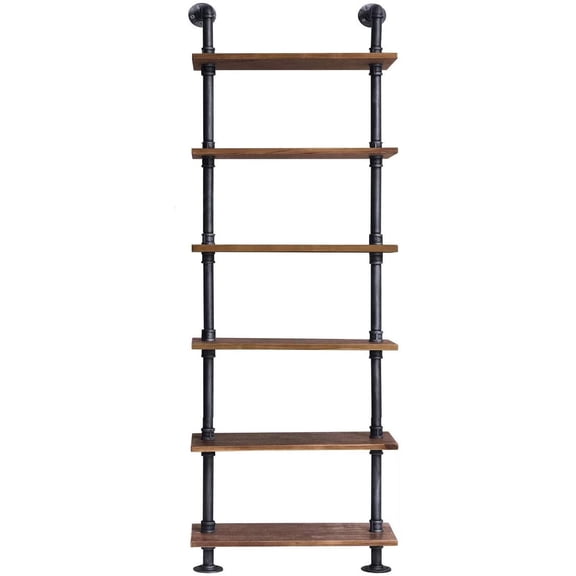 Industrial Pipe Shelves Rustic Modern 24"W Wood Ladder Bookcase with Metal Frame, Pipe Wall Shelf, Wood Storage, Home Decor, Display Shelving, Retro Floating Shelving, 6 Layer Bookshelf (24"W)