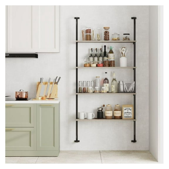 Industrial Pipe Shelving 4-Tier, Wall Mounted Shelf for Living Room, Kitchen, Rustic Brown/Gray Oak Finish, Metal Frame, 27.5"x8"x59", 45lbs Capacity Per Shelf