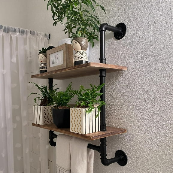 Industrial Pipe Shelving Bathroom Pipe Shelves with Towel Bar Over Toilet, 24 inch Pine Wood Floating Shelves for Wall Mounted Bedroom,Kitchen, Farmhouse, Living Room