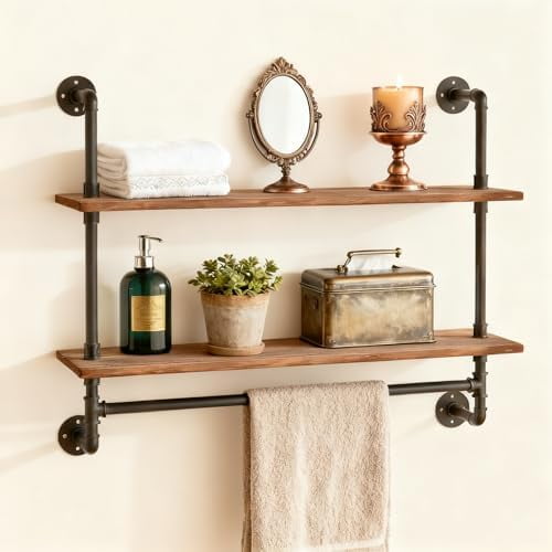 Industrial Pipe Shelving Bathroom Shelves with Towel bar, 30 in Rustic Floating Shelves Pipe Wall Shelf with Hooks for Living Room,Kitchen