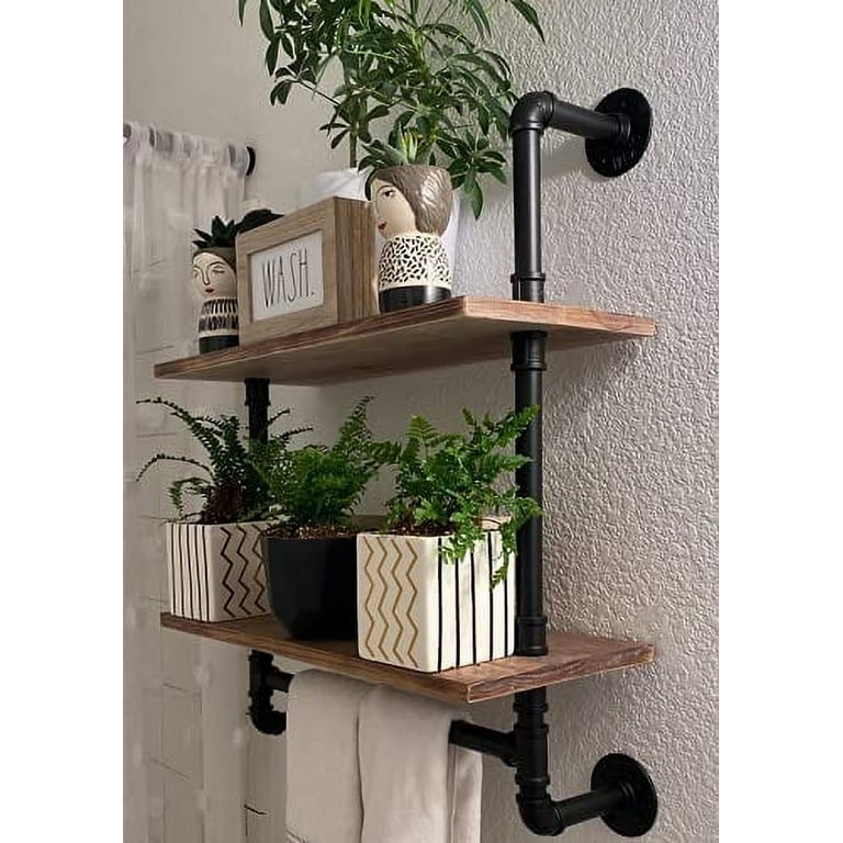Industrial Pipe Shelving,Iron Pipe Shelves Industrial Bathroom Shelves with  Towel bar,24 in Rustic Metal Pipe Floating Shelves Pipe Wall Shelf,2 Tier