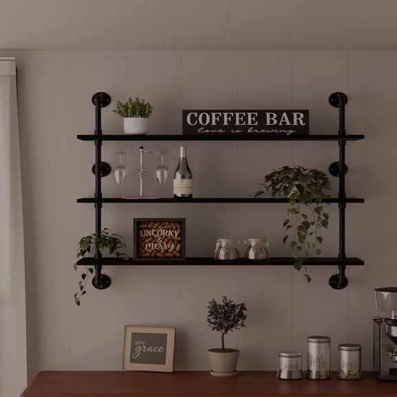 Industrial Pipe Shelving Rustic Black Wall Shelves with Wood Planks Industrial Floating Shelves 48 Inch 3 Tier Farmhouse Bookshelf Pipe Shelves Wall Mounted,Open Shelving For living room/office