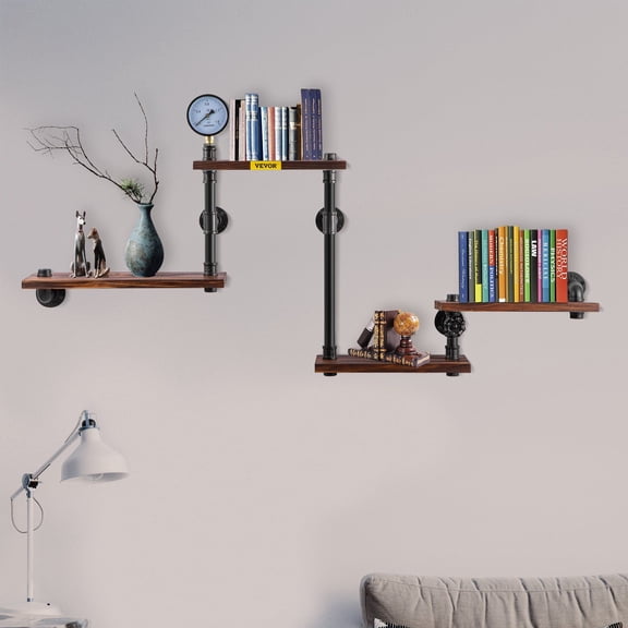 Industrial Pipe Shelving Unit, 4-Tier Rustic Floating Shelves with Wood Planks, Wall Mounted DIY Bookshelf for Farmhouse Living Room, Kitchen, Bathroom, Bar, 51x25x9 Inch