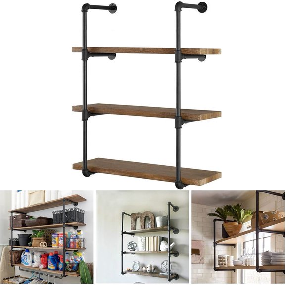 Industrial Pipe Shelving Wall Mounted Rustic Floating Shelves Iron Shelves for Wall DIY Bookshelf Brackets for Home Kitchen Office (4 Tier, 2 Pcs, 37 Tall, 12 Deep)