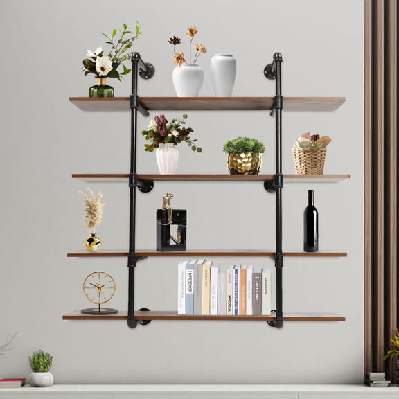 Industrial Pipe Shelving Wall Mounted, Rustic Metal Floating Shelves, Steampunk Real Wood Book Shelves