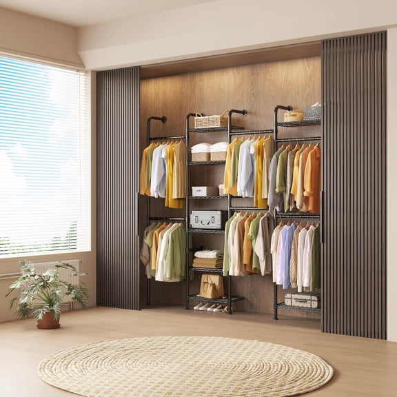 Industrial Pipe-Style Wall Clothes Rack, Wall Fixed Closet System with Adjustable Rod and Eight-Tier Open Wire Shelving