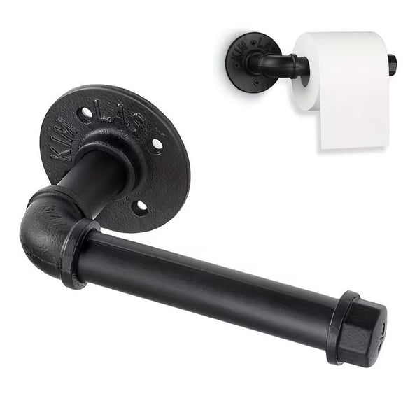 Industrial Pipe Toilet Paper Holder, Rustic Black Iron Tissue Roll Dispenser, Heavy Duty DIY Vintage Bathroom Towel Rack with Mounting Hardware