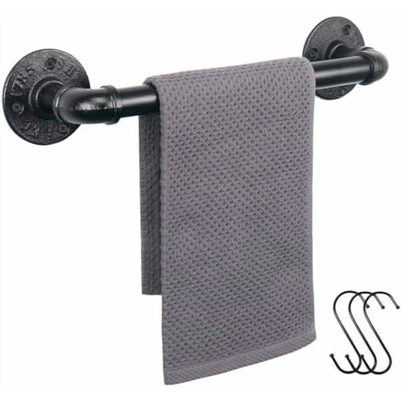 Industrial Pipe Towel Rack Towel Bar, Heavy Duty Wall Mounted Rustic Farmhouse Bath Towel Holder for Bathroom (Black, 12 inch)