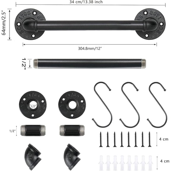 Industrial Pipe Towel Rack Towel Bar, Heavy Duty Wall Mounted Rustic Farmhouse Bath Towel Holder for Bathroom (Black, 12 inch)