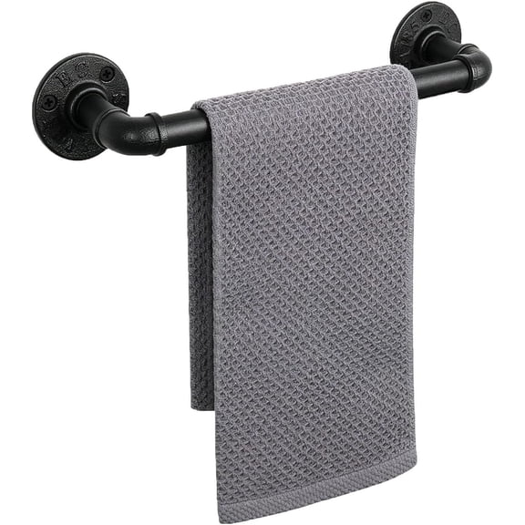 Industrial Pipe Towel Rack Towel Bar, Heavy Duty Wall Mounted Rustic Farmhouse Bath Towel Holder for Bathroom (Black, 12 inch)